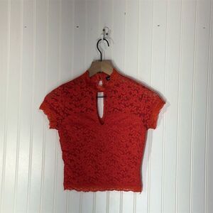 bebe Red Lace Keyhole Crop Top XS | Vintage Y2K Sheer Floral High Neck USA Made